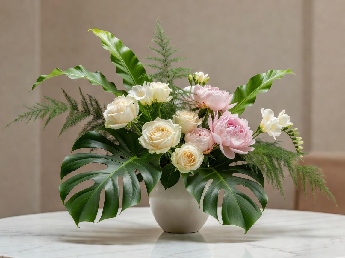 Elegant botanical foliage and soft floral arrangement reflecting luxury spa aesthetics